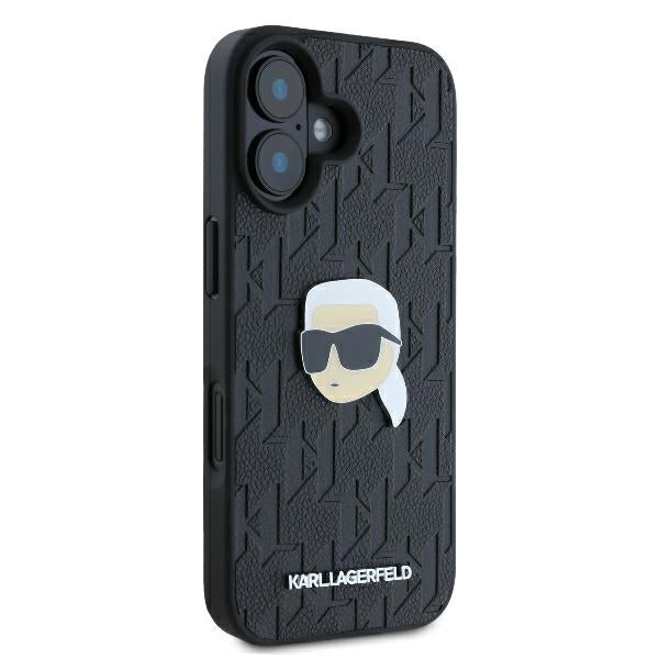 Hülle für Apple iPhone 16, Karl Lagerfeld, Monogram Karl's Head, Schwarz
