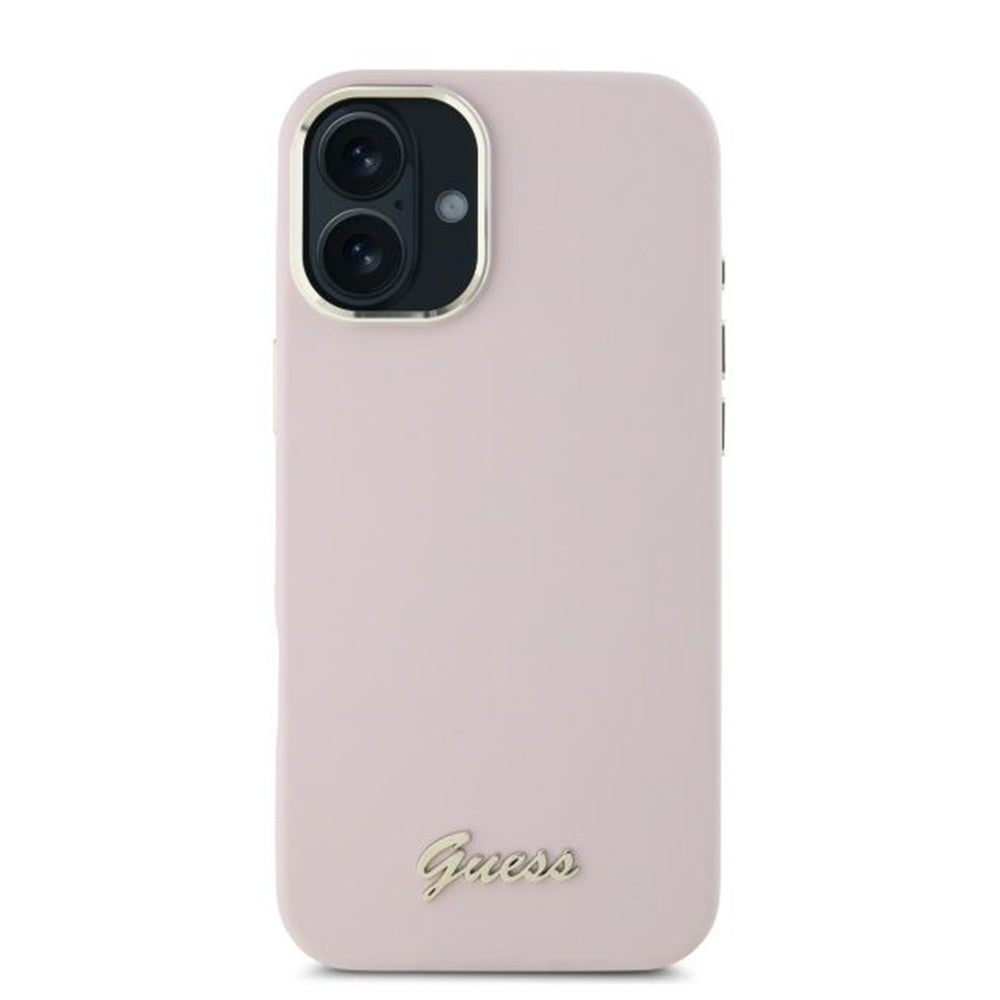Hülle für Apple iPhone 16 Plus, Guess, Script Metal Logo & Rahmen, Rosa