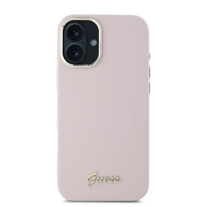 Hülle für Apple iPhone 16 Plus, Guess, Script Metal Logo & Rahmen, Rosa