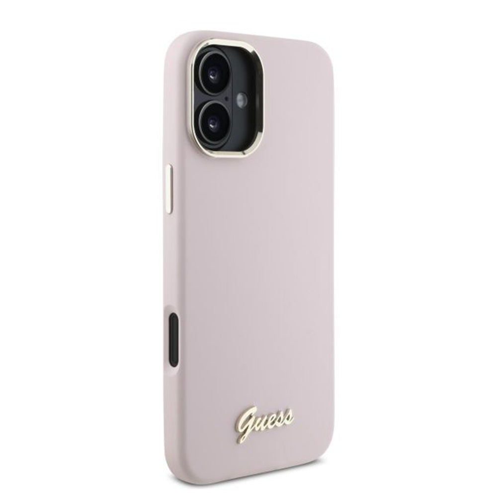 Hülle für Apple iPhone 16 Plus, Guess, Script Metal Logo & Rahmen, Rosa
