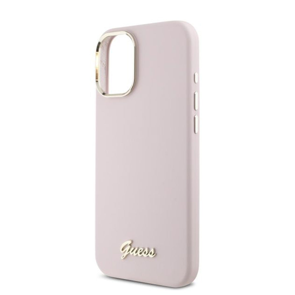 Hülle für Apple iPhone 16 Plus, Guess, Script Metal Logo & Rahmen, Rosa