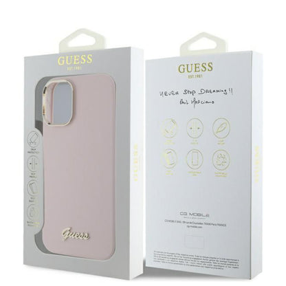 Hülle für Apple iPhone 16 Plus, Guess, Script Metal Logo & Rahmen, Rosa