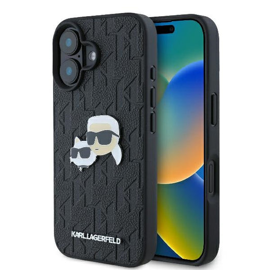 Hülle für Apple iPhone 16 Plus, Karl Lagerfeld, Monogramm Karl & Choupette's Köpfe, Schwarz