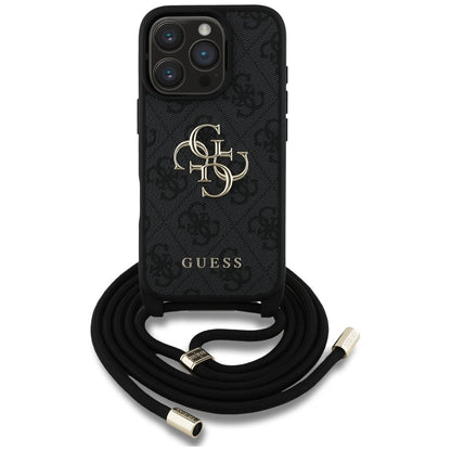 Case for Apple iPhone 16 Pro, Guess, 4G CBDY Big Logo with Cord Strap, Black
