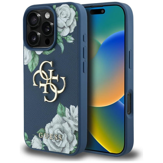 Hülle für Apple iPhone 16 Pro, Guess, 4G Grained Roses Big Logo, Blau