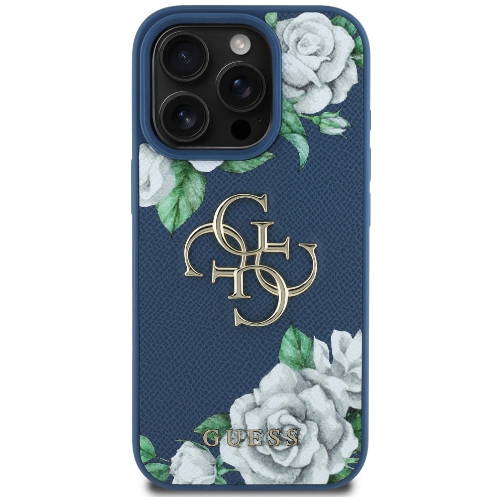Hülle für Apple iPhone 16 Pro, Guess, 4G Grained Roses Big Logo, Blau