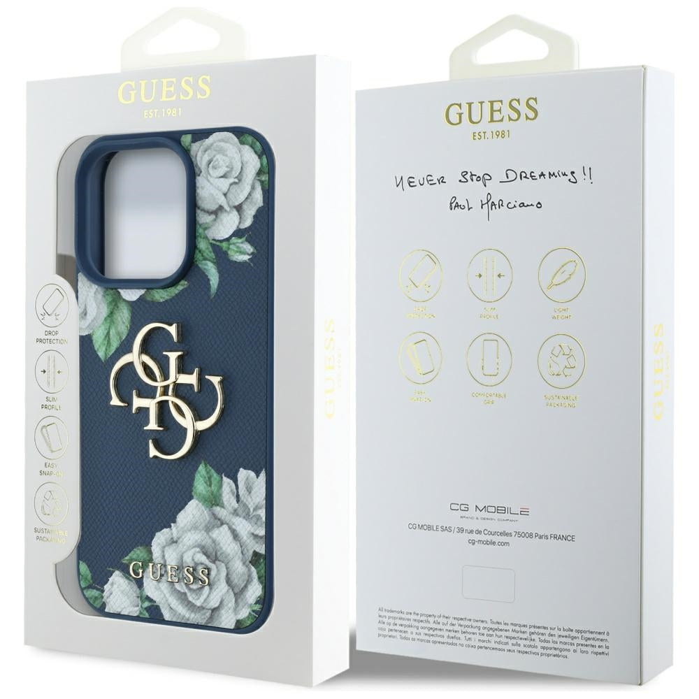 Hülle für Apple iPhone 16 Pro, Guess, 4G Grained Roses Big Logo, Blau