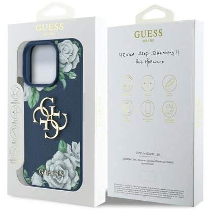 Hülle für Apple iPhone 16 Pro, Guess, 4G Grained Roses Big Logo, Blau