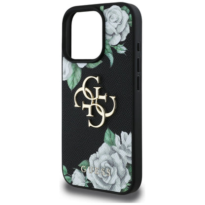 Hülle für Apple iPhone 16 Pro, Guess, 4G Grained Roses Big Logo, Schwarz