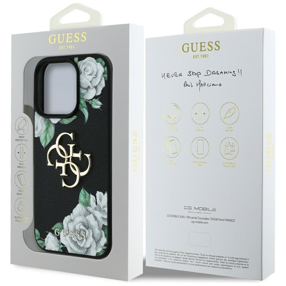 Hülle für Apple iPhone 16 Pro, Guess, 4G Grained Roses Big Logo, Schwarz