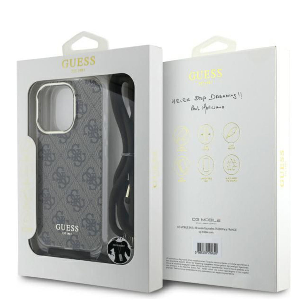 Hülle für Apple iPhone 16 Pro, Guess, Crossbody Cord 4G Print, Braun