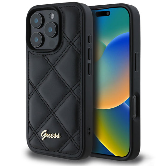 Hülle für Apple iPhone 16 Pro, Guess, Quilted Metal Logo, Schwarz