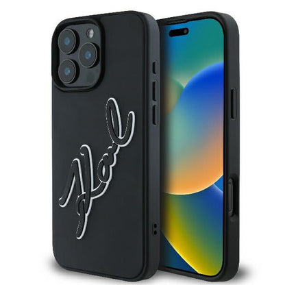 Hülle für Apple iPhone 16 Pro, Karl Lagerfeld, 3D Rubber Signature, Schwarz