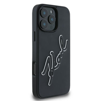 Hülle für Apple iPhone 16 Pro, Karl Lagerfeld, 3D Rubber Signature, Schwarz
