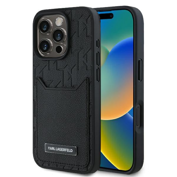 Hülle für Apple iPhone 16 Pro, Karl Lagerfeld, Cardslots Monogram, Schwarz