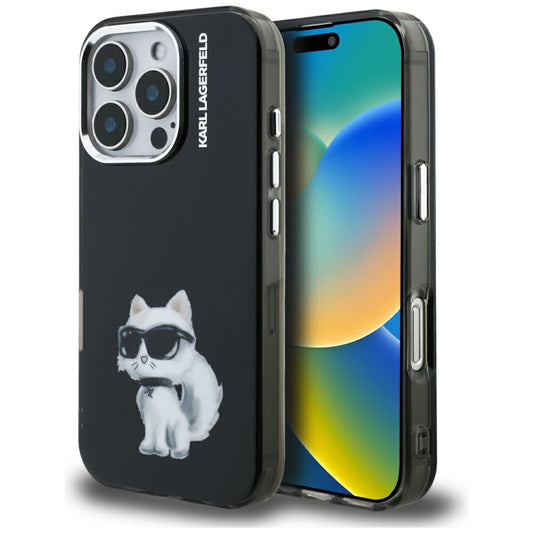 Hülle für Apple iPhone 16 Pro, Karl Lagerfeld, IML Aquarelle Logo Choupette, Schwarz