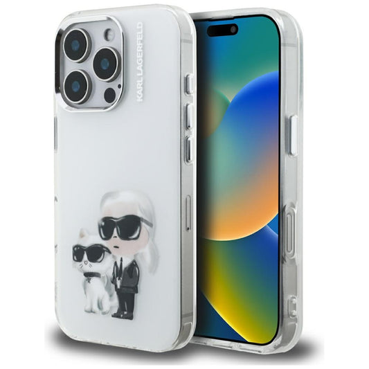Hülle für Apple iPhone 16 Pro, Karl Lagerfeld, IML Aquarelle Logo Karl & Choupette, Weiß