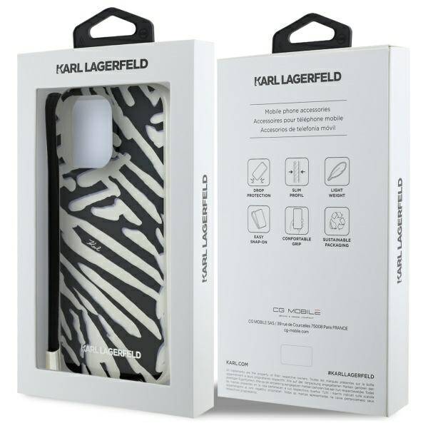 Case for Apple iPhone 16 Pro, Karl Lagerfeld, IML Luxury Zebra Pattern with Strap, Black