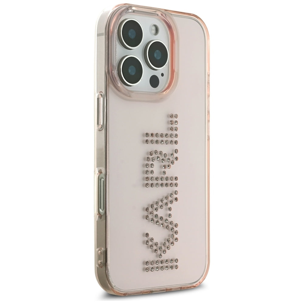 Hülle für Apple iPhone 16 Pro, Karl Lagerfeld, IML Rhinestones Pink Logo, Rosa