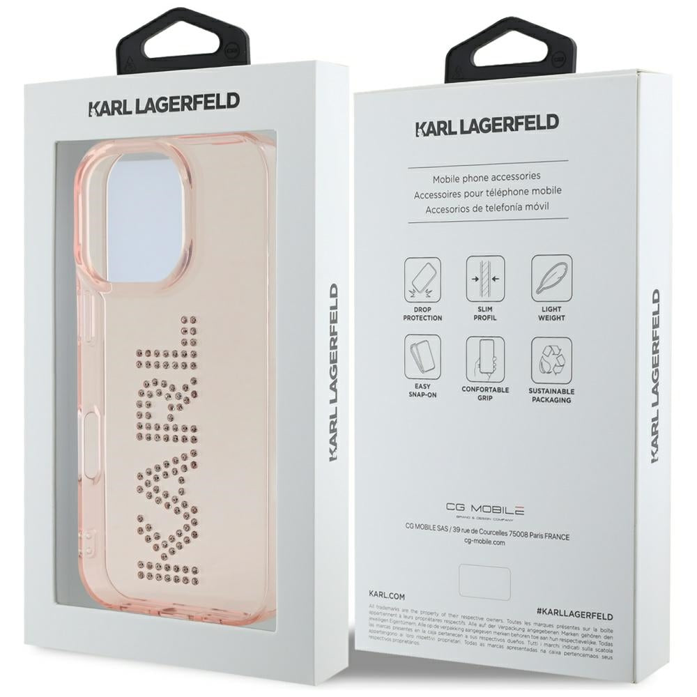 Hülle für Apple iPhone 16 Pro, Karl Lagerfeld, IML Rhinestones Pink Logo, Rosa