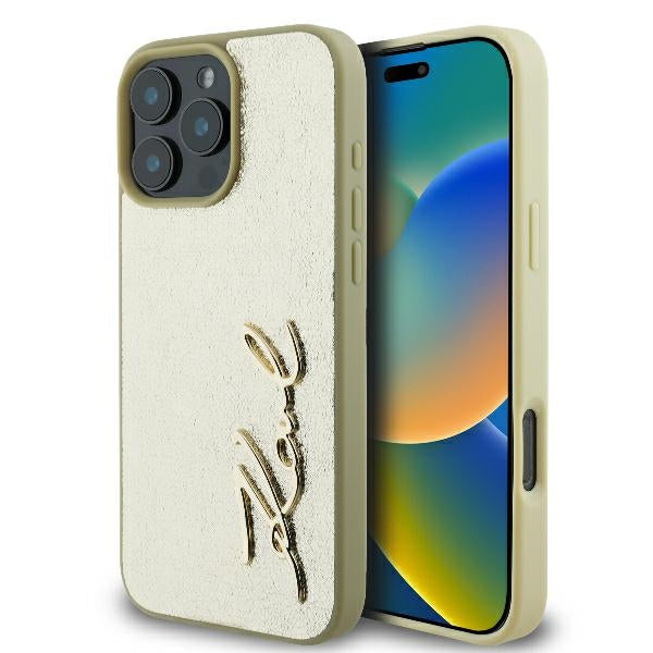 Hülle für Apple iPhone 16 Pro, Karl Lagerfeld, Metal Signature, Gold