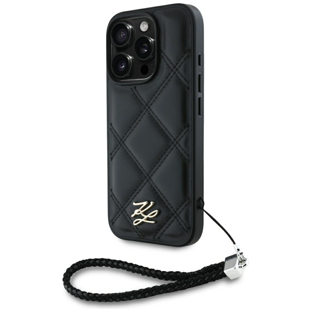 Hülle für Apple iPhone 16 Pro, Karl Lagerfeld, Quilted Initial Logo & Chain Strap, Schwarz