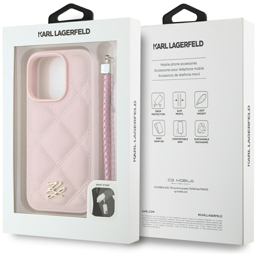 Hülle für Apple iPhone 16 Pro, Karl Lagerfeld, Quilted Initial Logo & Chain Strap, Rosa