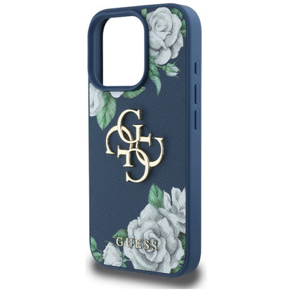Hülle für Apple iPhone 16 Pro Max, Guess, 4G Grained Roses Big Logo, Blau