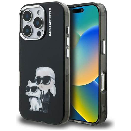 Hülle für Apple iPhone 16 Pro Max, Karl Lagerfeld, IML Aquarelle Logo Karl & Choupette, Schwarz