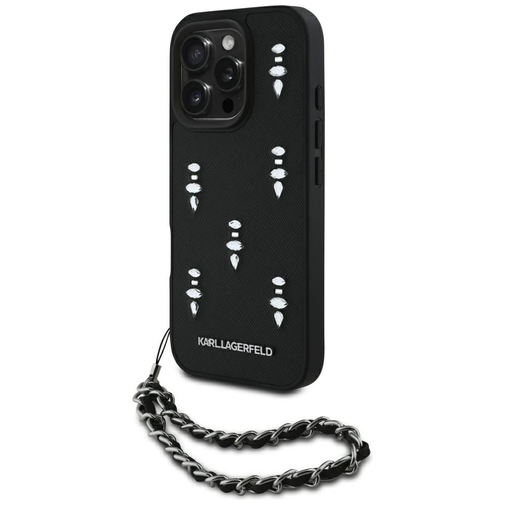 Hülle für Apple iPhone 16 Pro Max, Karl Lagerfeld, Saffiano Crystals & Charm, Schwarz