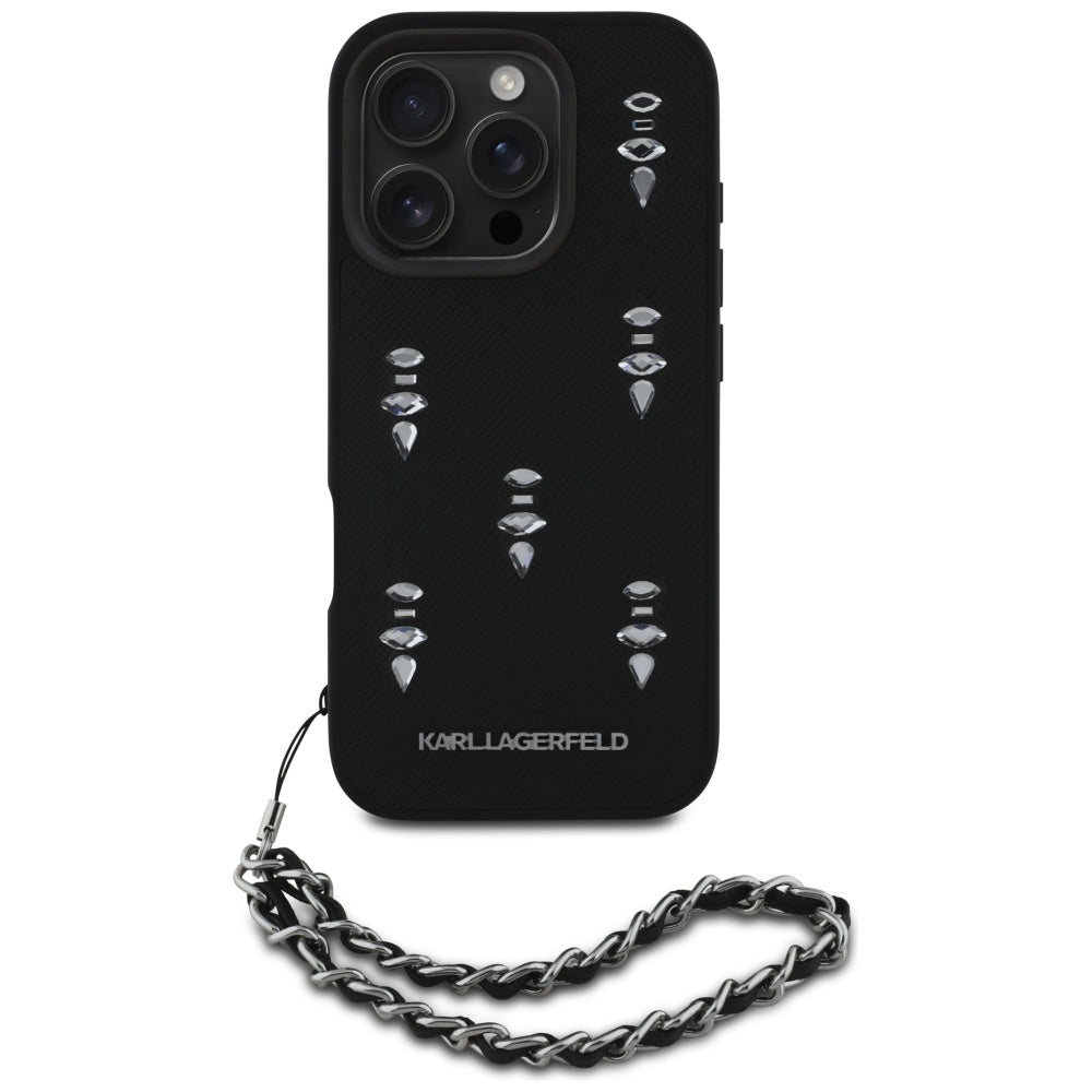 Hülle für Apple iPhone 16 Pro Max, Karl Lagerfeld, Saffiano Crystals & Charm, Schwarz