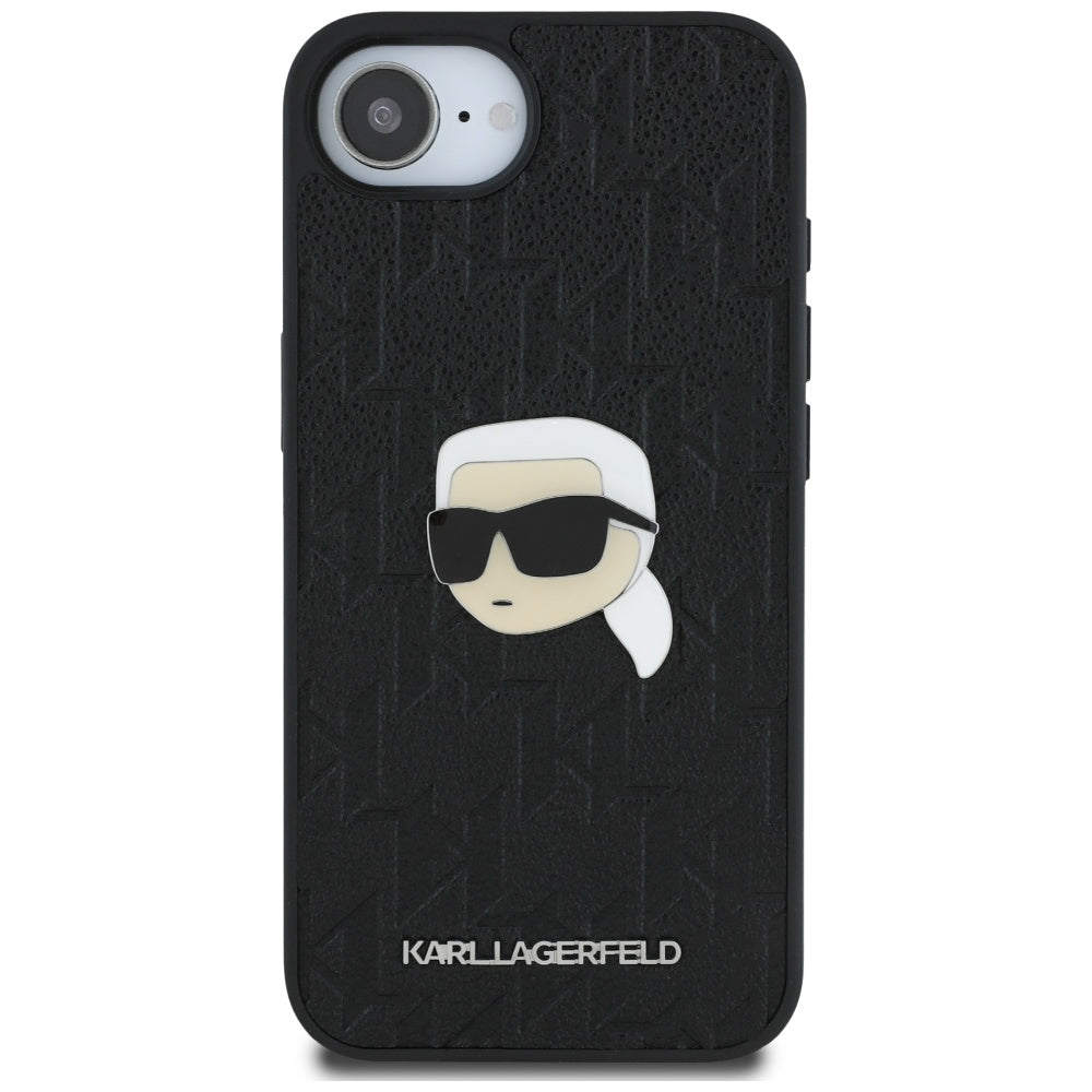 Hülle für Apple iPhone 16e, Karl Lagerfeld, Monogram Karl's Head, Schwarz