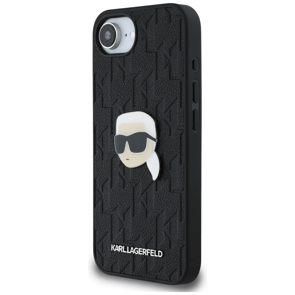 Hülle für Apple iPhone 16e, Karl Lagerfeld, Monogram Karl's Head, Schwarz