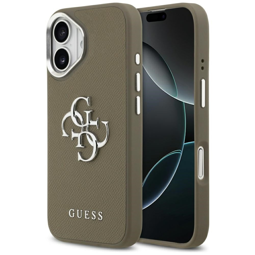 Hülle für Apple iPhone 17, Guess, 4G Grained Big And Classic Logo, Braun Silbern