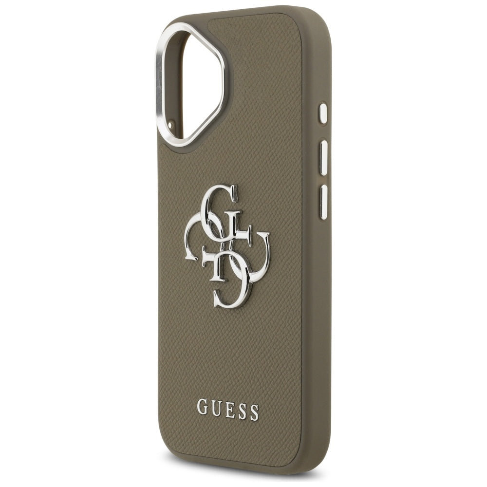 Hülle für Apple iPhone 17, Guess, 4G Grained Big And Classic Logo, Braun Silbern