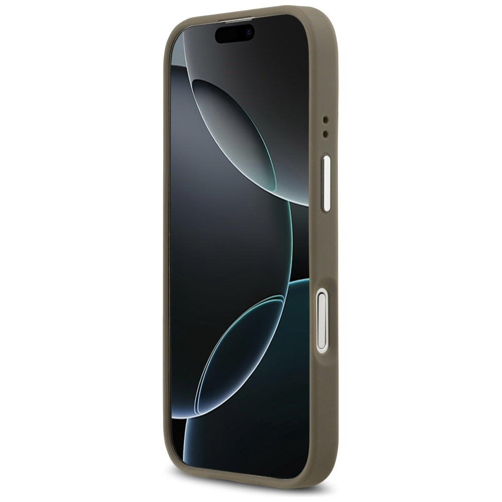 Hülle für Apple iPhone 17, Guess, 4G Grained Big And Classic Logo, Braun Silbern