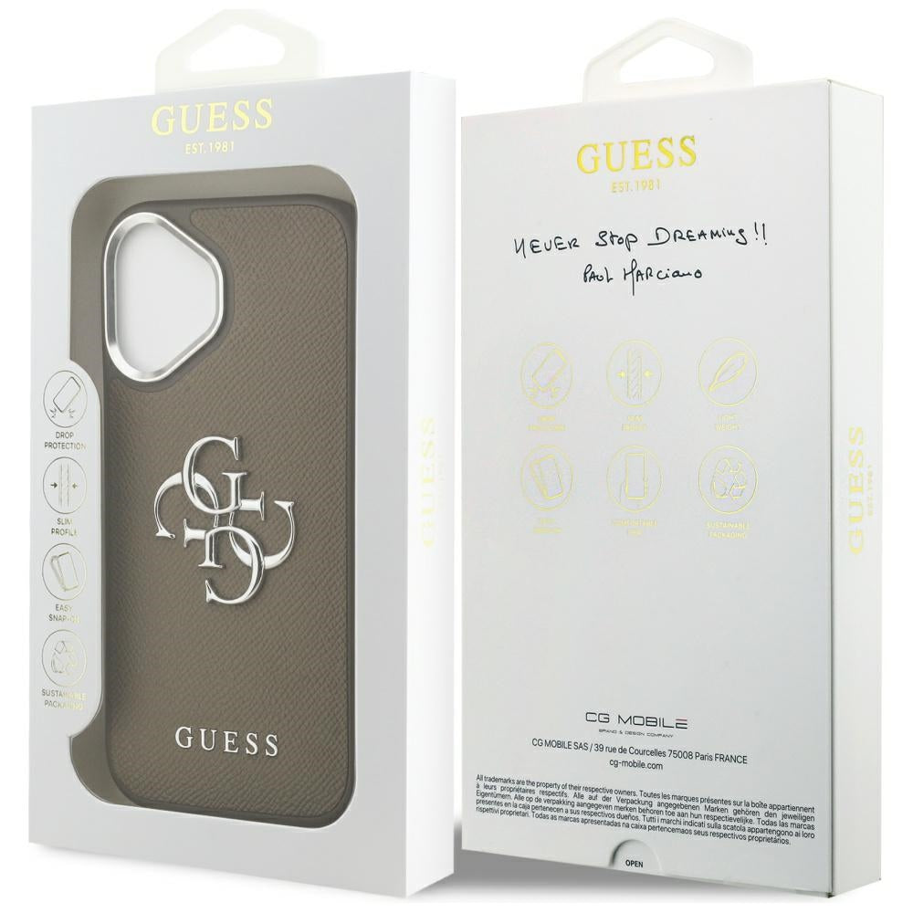 Hülle für Apple iPhone 17, Guess, 4G Grained Big And Classic Logo, Braun Silbern