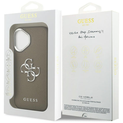 Hülle für Apple iPhone 17, Guess, 4G Grained Big And Classic Logo, Braun Silbern