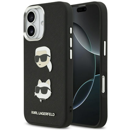Hülle für Apple iPhone 17, Karl Lagerfeld, Grained Karl & Choupette's Heads Pins and Logo, Schwarz