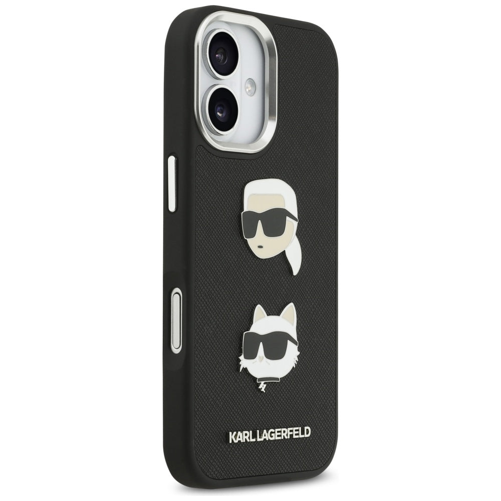 Hülle für Apple iPhone 17, Karl Lagerfeld, Grained Karl & Choupette's Heads Pins and Logo, Schwarz