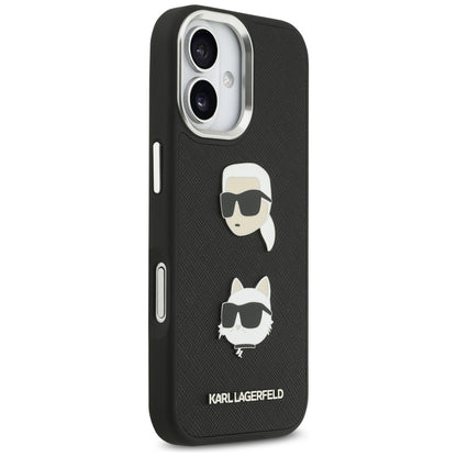 Hülle für Apple iPhone 17, Karl Lagerfeld, Grained Karl & Choupette's Heads Pins and Logo, Schwarz