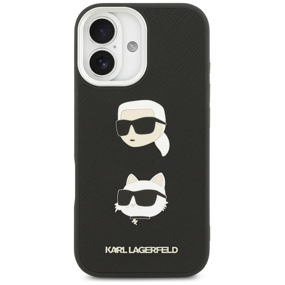 Hülle für Apple iPhone 17, Karl Lagerfeld, Grained Karl & Choupette's Heads Pins and Logo, Schwarz