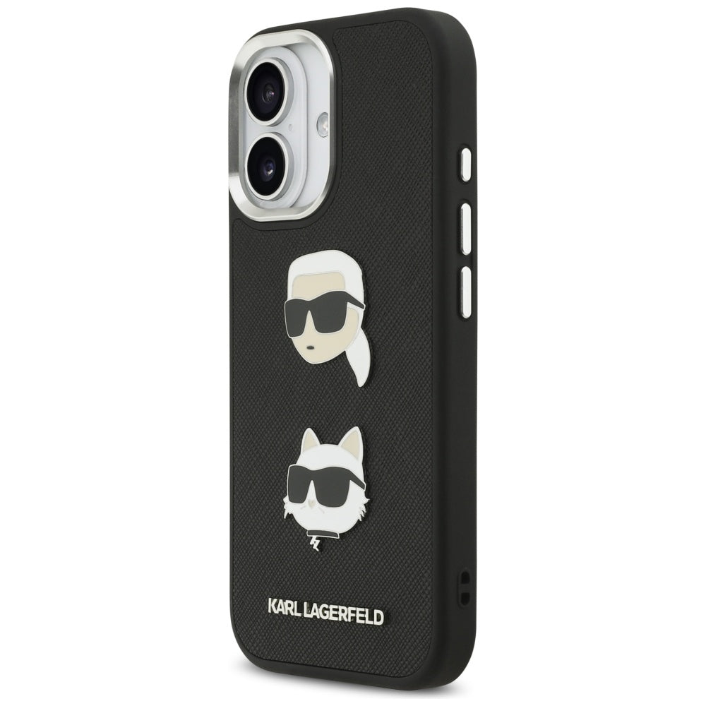 Hülle für Apple iPhone 17, Karl Lagerfeld, Grained Karl & Choupette's Heads Pins and Logo, Schwarz