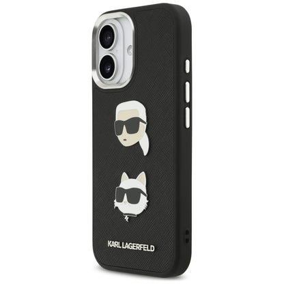 Hülle für Apple iPhone 17, Karl Lagerfeld, Grained Karl & Choupette's Heads Pins and Logo, Schwarz