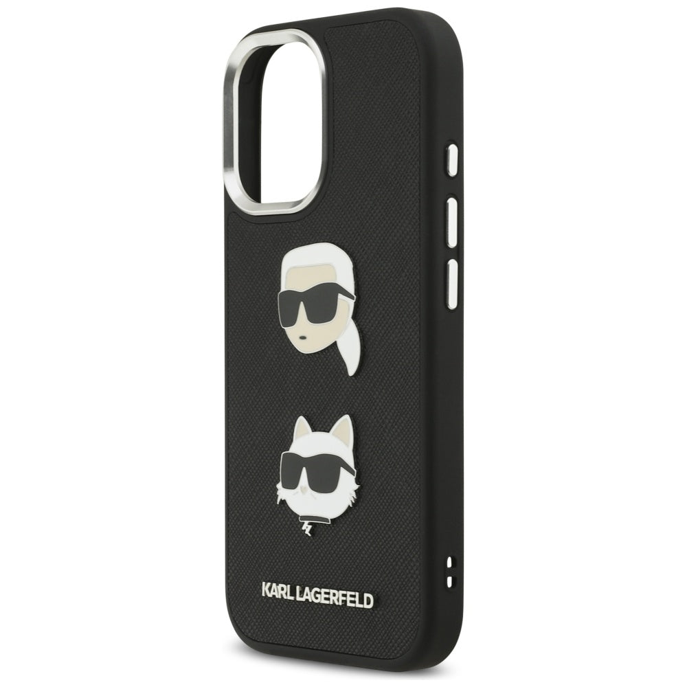 Hülle für Apple iPhone 17, Karl Lagerfeld, Grained Karl & Choupette's Heads Pins and Logo, Schwarz