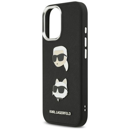 Hülle für Apple iPhone 17, Karl Lagerfeld, Grained Karl & Choupette's Heads Pins and Logo, Schwarz