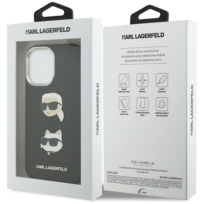 Hülle für Apple iPhone 17, Karl Lagerfeld, Grained Karl & Choupette's Heads Pins and Logo, Schwarz