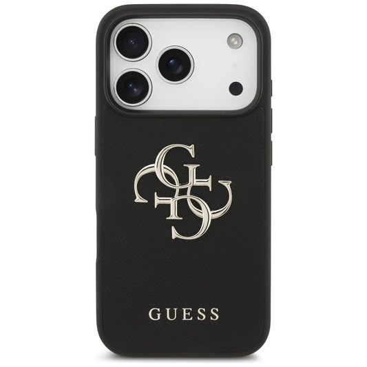 Hülle für Apple iPhone 17 Pro, Guess, 4G Grained Big and Classic Logo, Schwarz