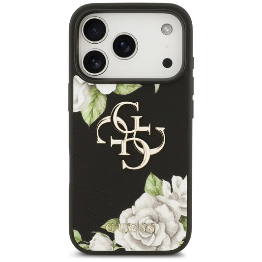 Hülle für Apple iPhone 17 Pro, Guess, 4G Grained Roses Big Logo, Schwarz