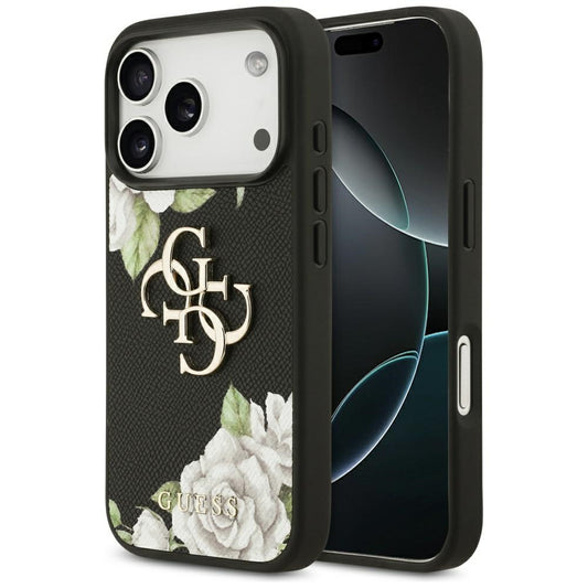 Hülle für Apple iPhone 17 Pro, Guess, 4G Grained Roses Big Logo, Schwarz